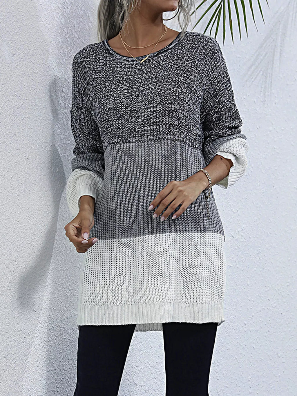 Women's Oversized Sweater Color Block Stripe Knit Round Neck Long Sleeve 50b1eee9e95b41e9a9347358037b1574-Max-Origin Trendsi