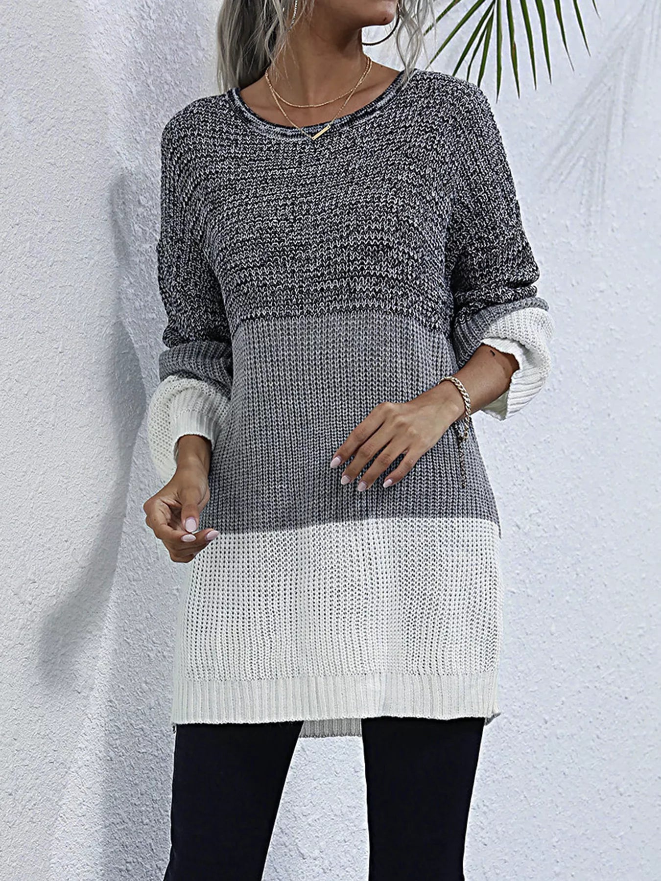 Women's Oversized Sweater Color Block Stripe Knit Round Neck Long Sleeve 50b1eee9e95b41e9a9347358037b1574-Max-Origin Trendsi