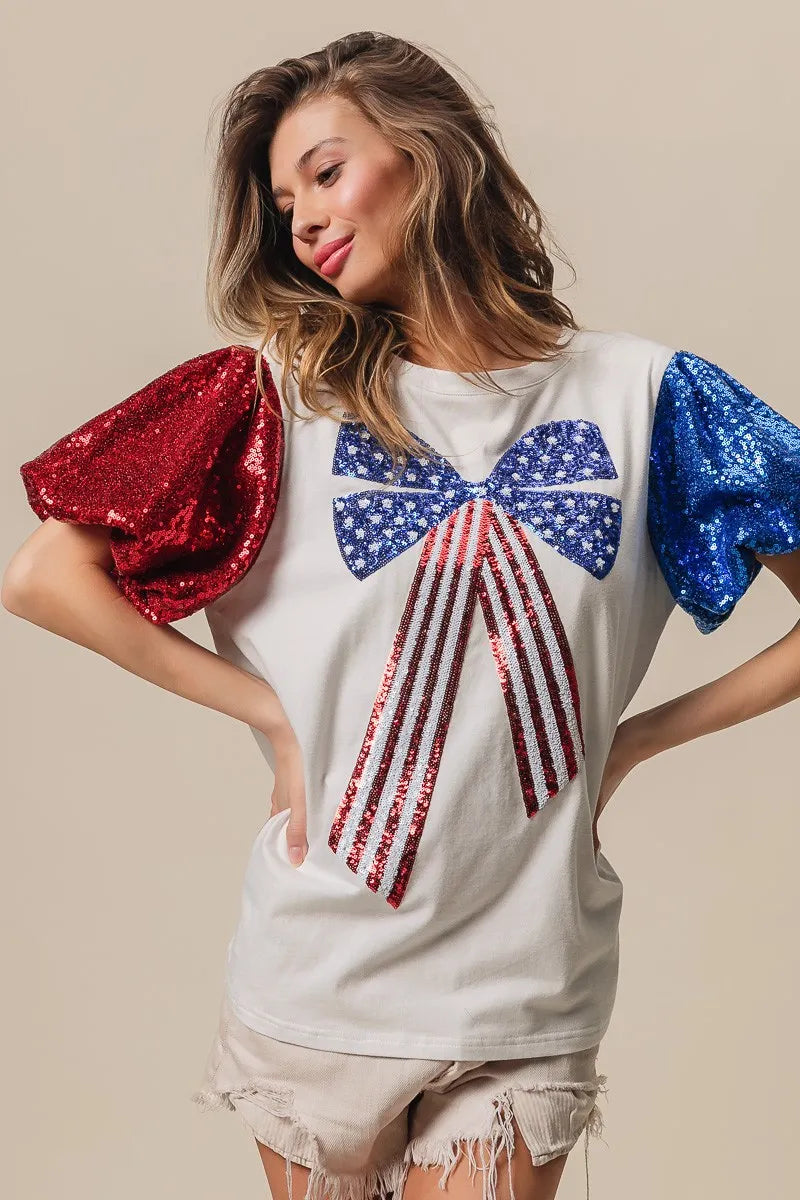 BiBi Cotton T-shirt Sequin American Flag Bow Top Short Puff Sleeve 50b525554edc44d09db32d5f2f009d8e-Max-Origin Trendsi
