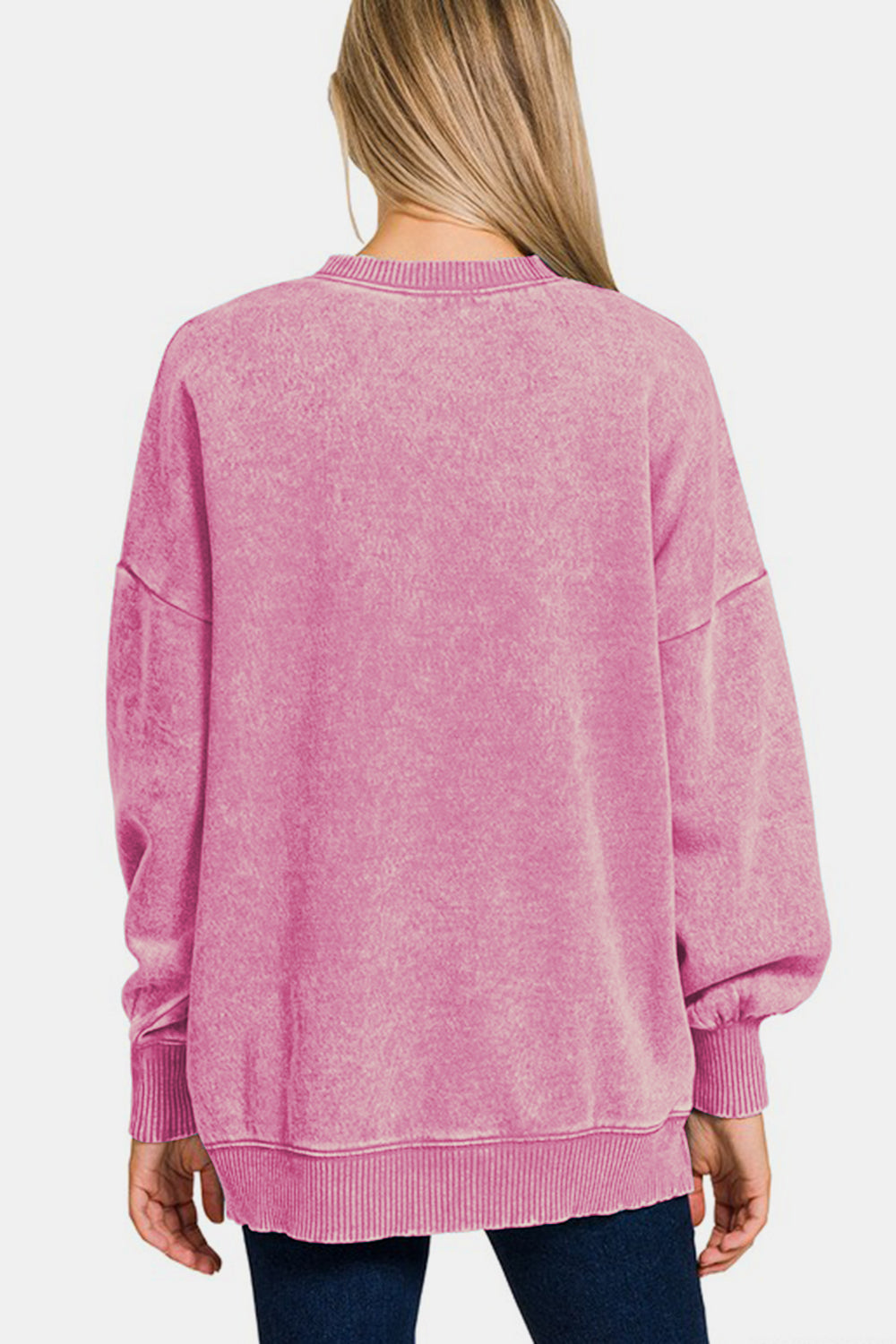 Zenana Women Sweatshirt Dusty Pink Acid Wash Fleece Pocketed Long Sleeve