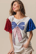 BiBi Cotton T-shirt Sequin American Flag Bow Top Short Puff Sleeve 50cd032c3dc74e0cb436d01589afc85e-Max-Origin Trendsi