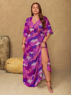 Plus Size Printed Maxi Dress with Side Slit and Half Sleeves