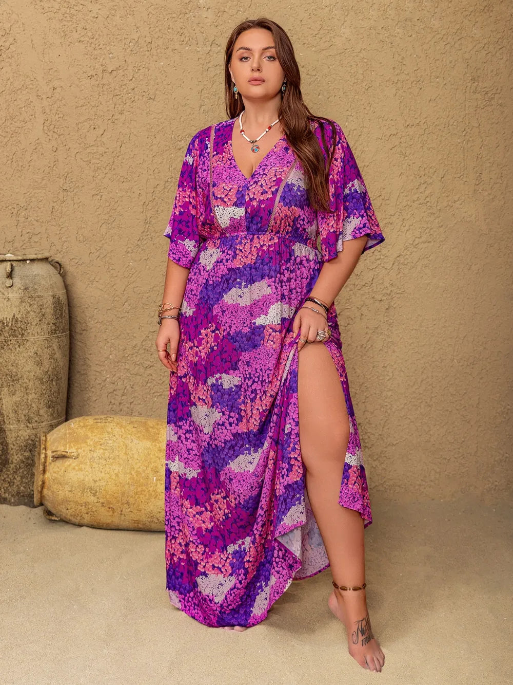 Plus Size Printed Maxi Dress with Side Slit and Half Sleeves