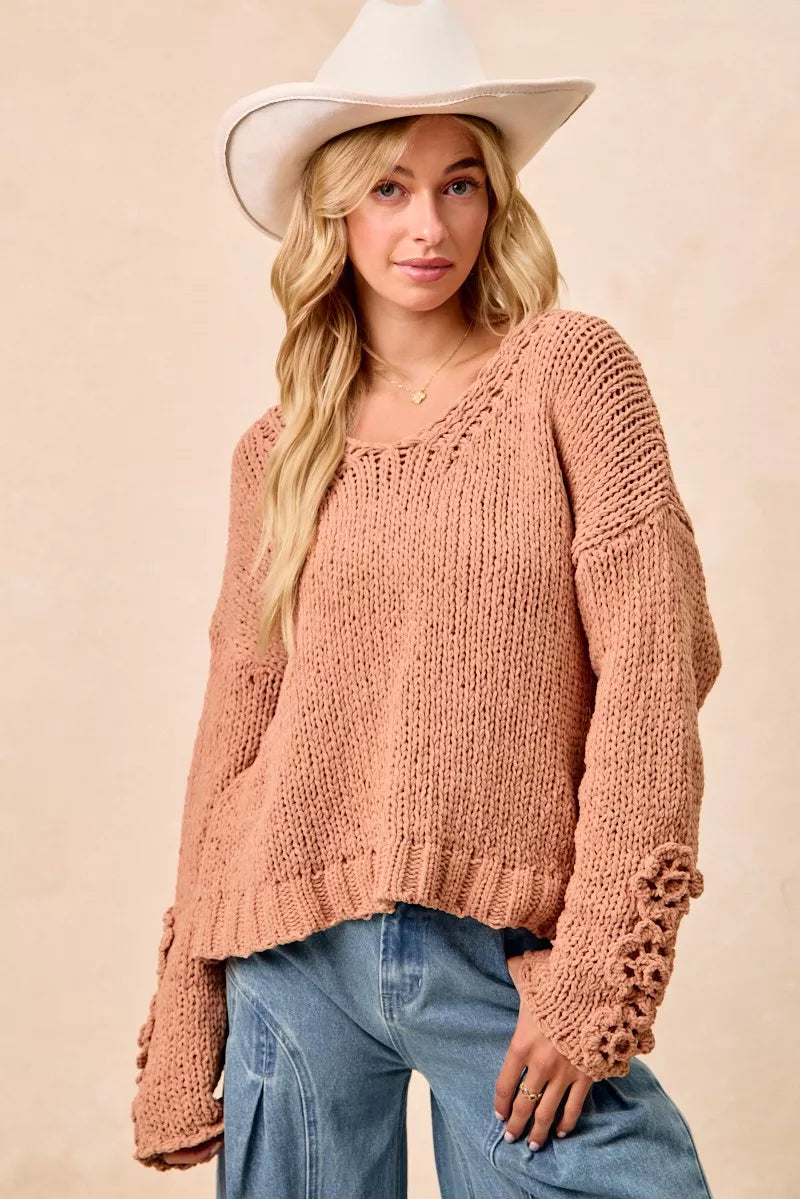 BiBi Womens Sweater Chunky Knit with Flower Detail Sleeves Peach 50dec00de35c4c45859bd7518f83bc0d-Max-Origin Trendsi