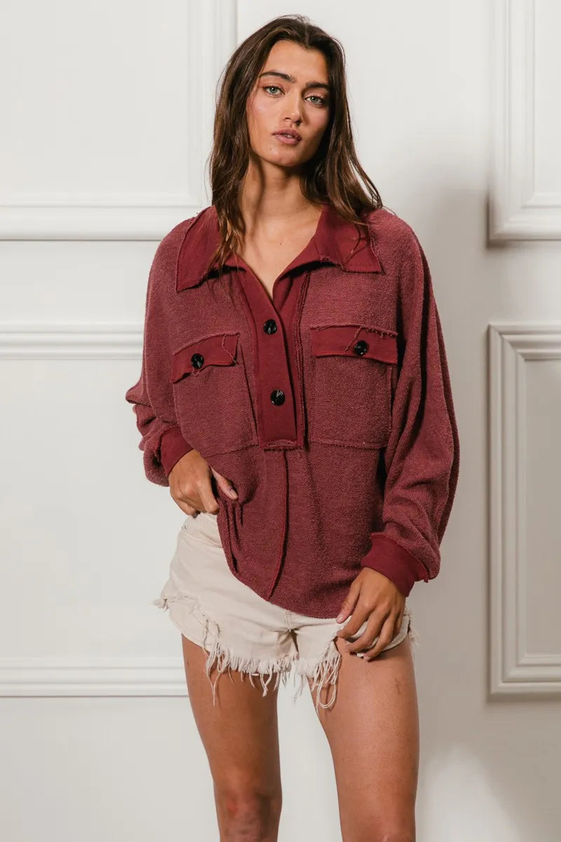 BiBi Women's Collared Top Cp French Terry Cut Edge Detail Pocketed 50deff9f59ec4b40b64d730c1c044bca-Max-Origin Trendsi