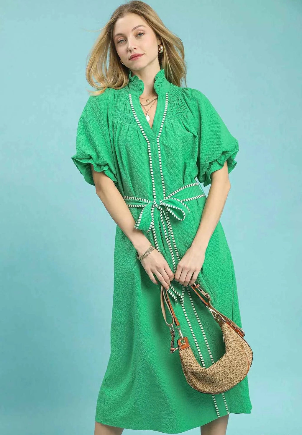 Umgee Midi Dress Green Ruffle Collar Belted with Stripe Trim Short Sleeve GREEN 50e7311b-a10a-4586-81e2-afb2e83911c0-Max-Origin Trendsi