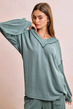 BiBi Outfit Set Dark Sage Cord Rib Contrast Stitching V-Neck Top and Pants DK SAGE 50eb8480d0e84211be1d31db7fdd12d4-Max-Origin Trendsi