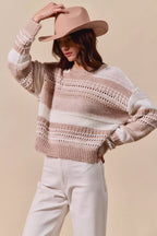 SO ME Womens Sweater Taupe Variegated Stripe Openwor Textured Loose Fit 50ee1632924d4b8b891eb6bdeac906ac-Max-Origin Trendsi