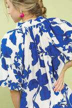Umgee Womens Blouse Ocean Blue Floral Print Puff Sleeve Top with Scallop Hem 50f55889-462c-472e-98df-85bd15f661c0-Max-Origin Trendsi