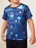 Children's Playful Road Construction Printed Short Sleeve T-Shirt