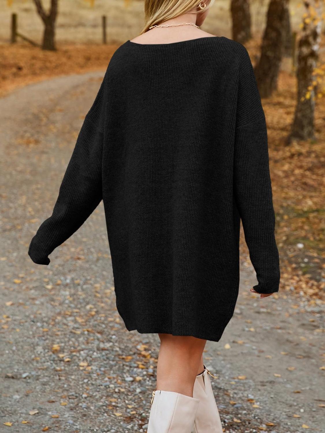 V-Neck Sweater Knit Dress Oversized Dropped Shoulder Sweater Dress