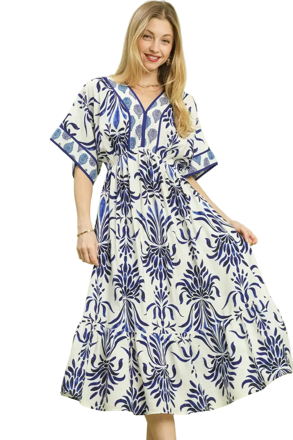 Umgee Floral Mix Border Midi Dress with Pockets