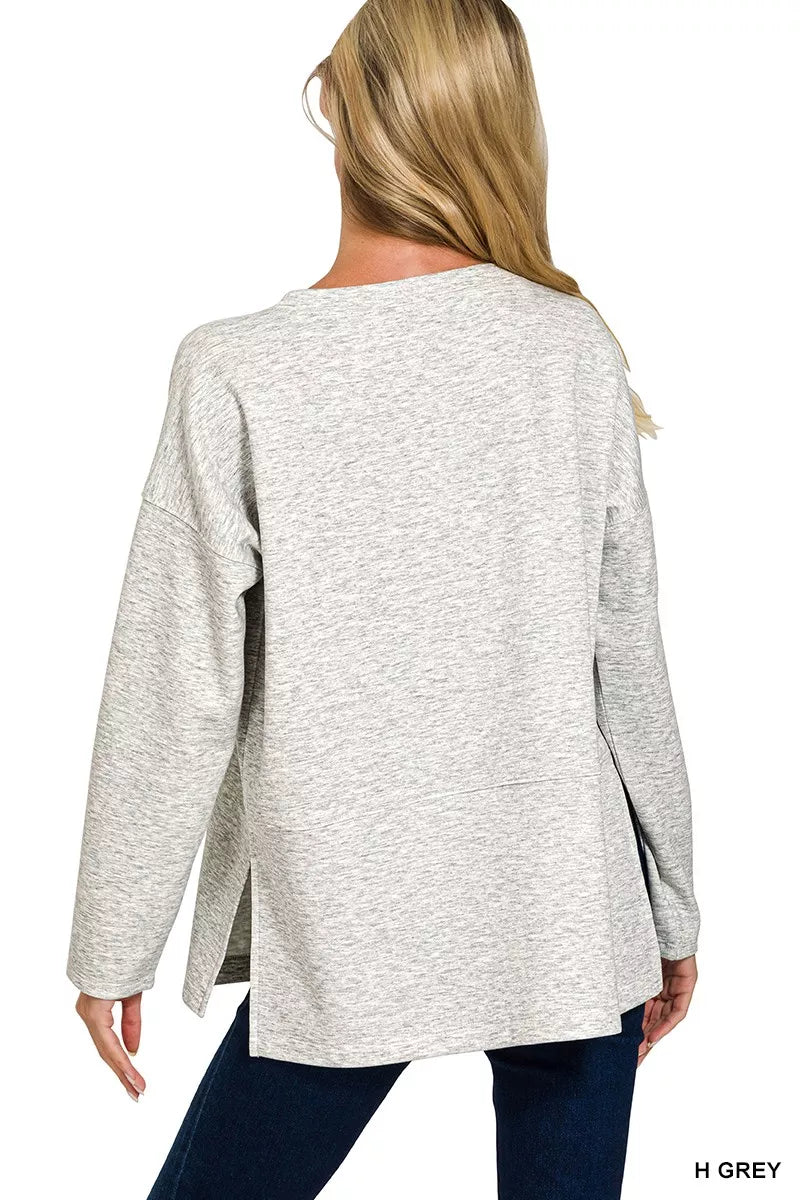 Zenana Womens Outfit Set Light Gray Scuba Side Slit Long Sleeve Top and Pants