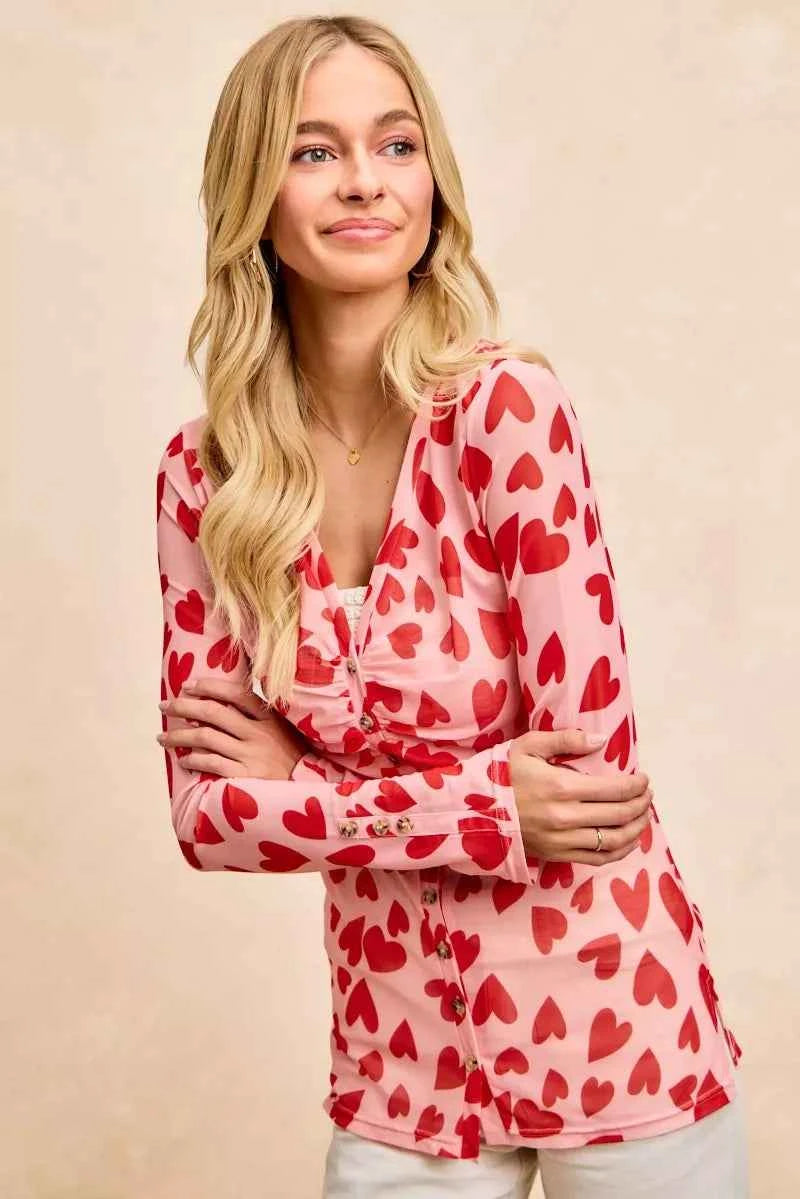 BiBi Button Down Heart Printed Mesh Shirt with Ruched Front