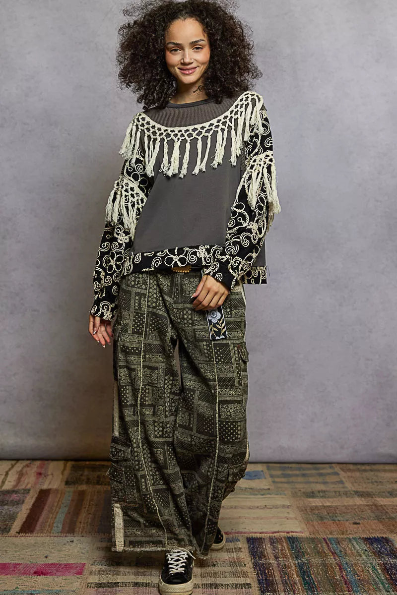 POL Blouse with Tassel Trim Contrast Floral Embroidery Balloon Sleeve Top 512620f7-2706-4d55-b762-65fd1d5cdc81-Max-Origin Trendsi