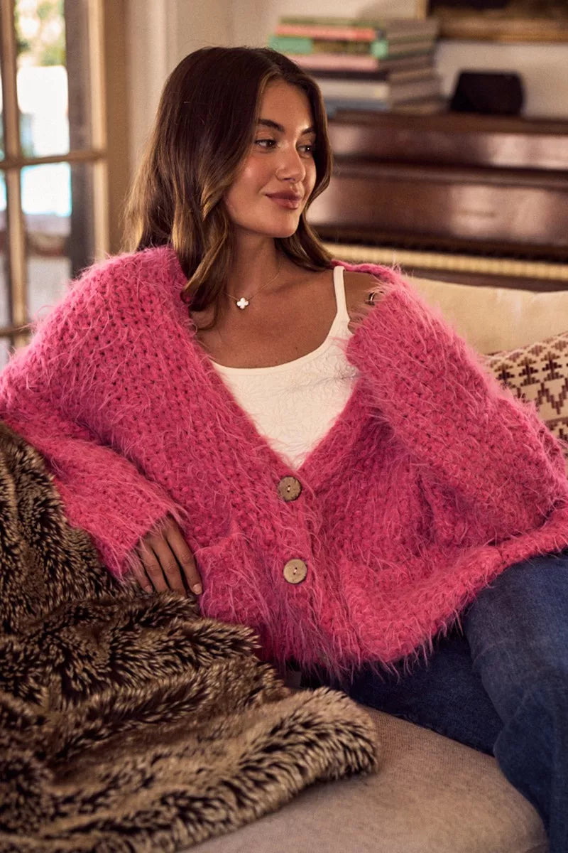 SO ME Womens Cardigan Pink Soft Touch Hairy Loose Fit Cozy Sweater 512eaabb9cb5433082e88feea102ebd5-Max-Origin Trendsi