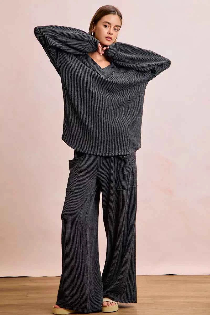 BiBi Women Tracksuit Set Black Cord Rib Contrast Stitch V-Neck Top and Pants 5137acd8c92348c7ae34d11714bc839b-Max-Origin Trendsi