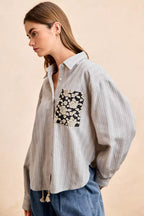BiBi Womens Gray Stripe Shirt Black Flower Jacquard Knit Patch Pocket Top 51385a2f458944d392a99805a1269746-Max-Origin Trendsi