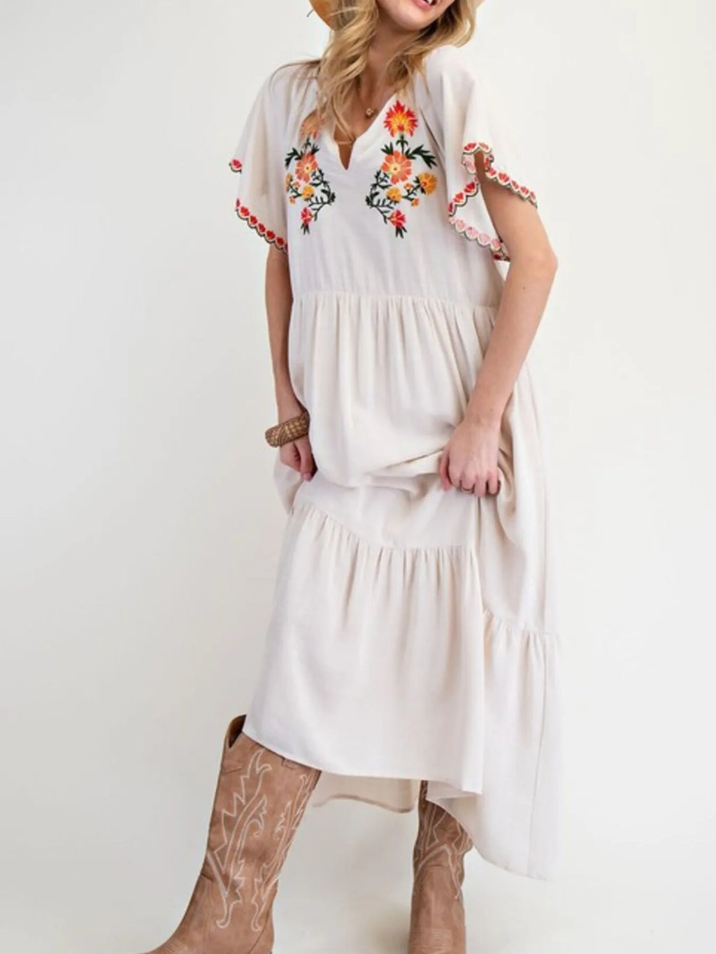 Midi Dress Floral Embroidered Notched Flutter Short Sleeve Ruffled Oversized 5139bf1e-3045-4862-9e0b-eca7a67e64da-Max-Origin Trendsi