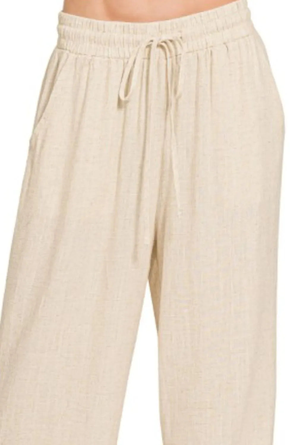 Zenana Linen Pants Drawstring Waist Wide Leg Oatmeal Pocketed Trousers 51412917-6356-4187-9e7e-9eb8314a74e9-Max-Origin Trendsi