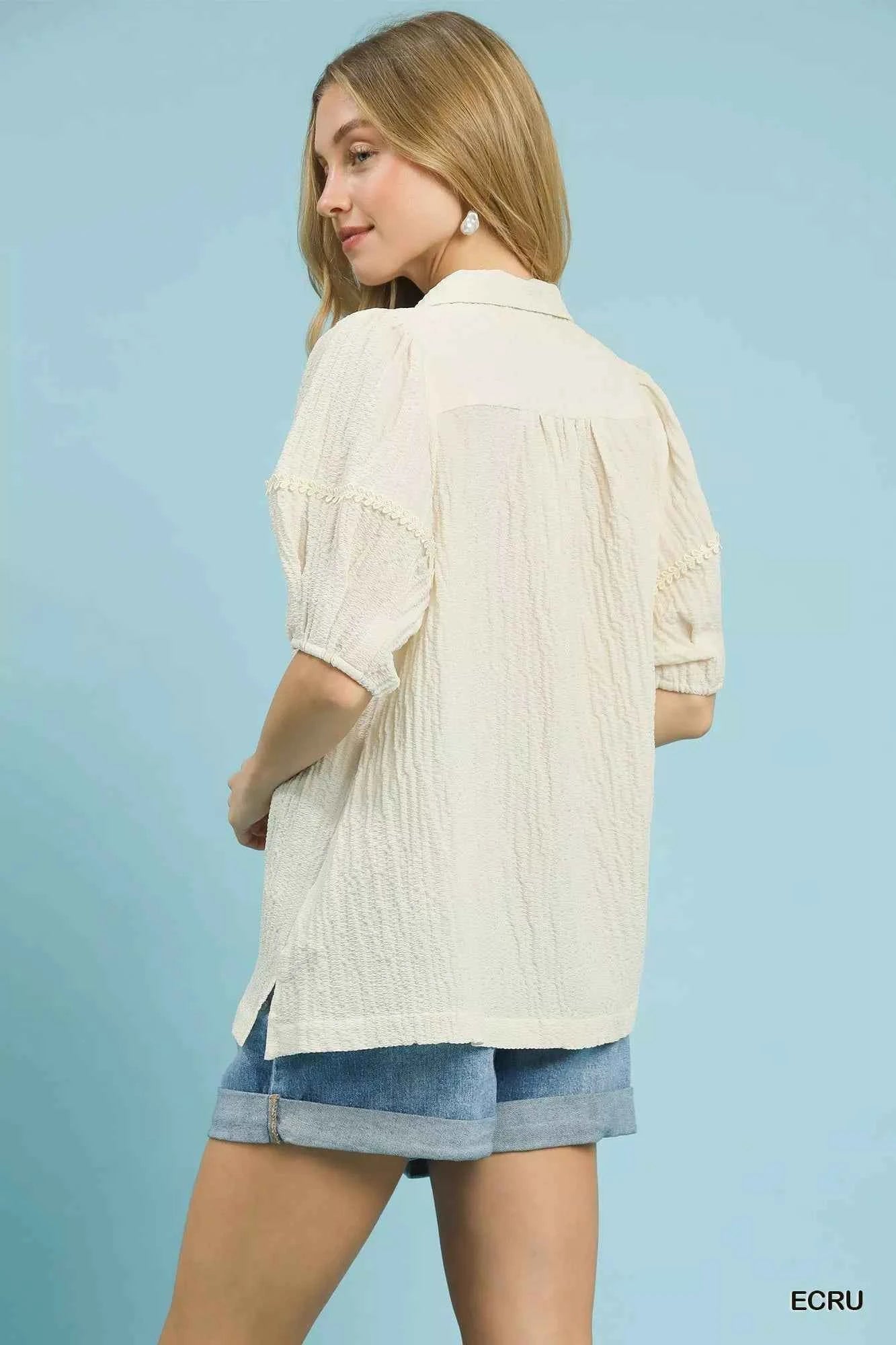Umgee Blouse Ecru Textured Puff Short Sleeve Top 5144937b-746b-4fd6-bdf5-98f79e63fa08-Max-Origin Trendsi