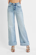 RISEN Women's Jeans Light Wash Tummy Control High Rise Ankle Wide Cuffed 515a30cc-d508-4c62-aa27-5e35a612f904-Max-Origin Trendsi