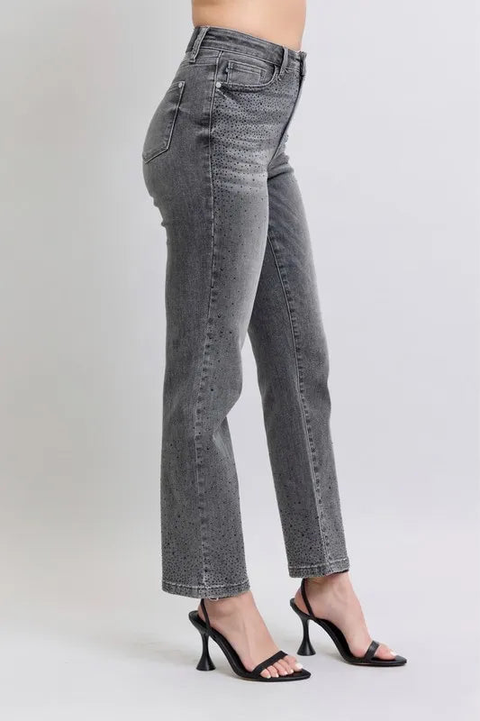 Judy Blue Gray Jeans High Waist Rhinestone Straight Pants 515dc649c33243f8bc46987fc37f6f58-Max-Origin Trendsi