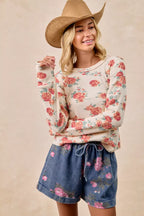 BiBi Womens Knit Top Floral Print Washed Waffle Thermal Blouse 516fe7a57e574793ae82e5ea3751fabc-Max-Origin Trendsi