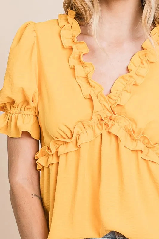 Lime 'N' Chili Babydoll Top Ruffled Deep V-Neck Puff Short Sleeve 5170769b08c046f5bc3a5a8bf1db5583-Max-Origin Trendsi