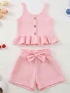 Children's Waffle Knit Tank Top and Bow Shorts Two-Piece Set