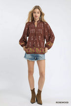 Umgee Women's Blouse Rosewood Floral Boho Peasant Ruffle Tied Top 5172fb8d-5517-4784-972a-c3a7268e5a88-Max-Origin Trendsi