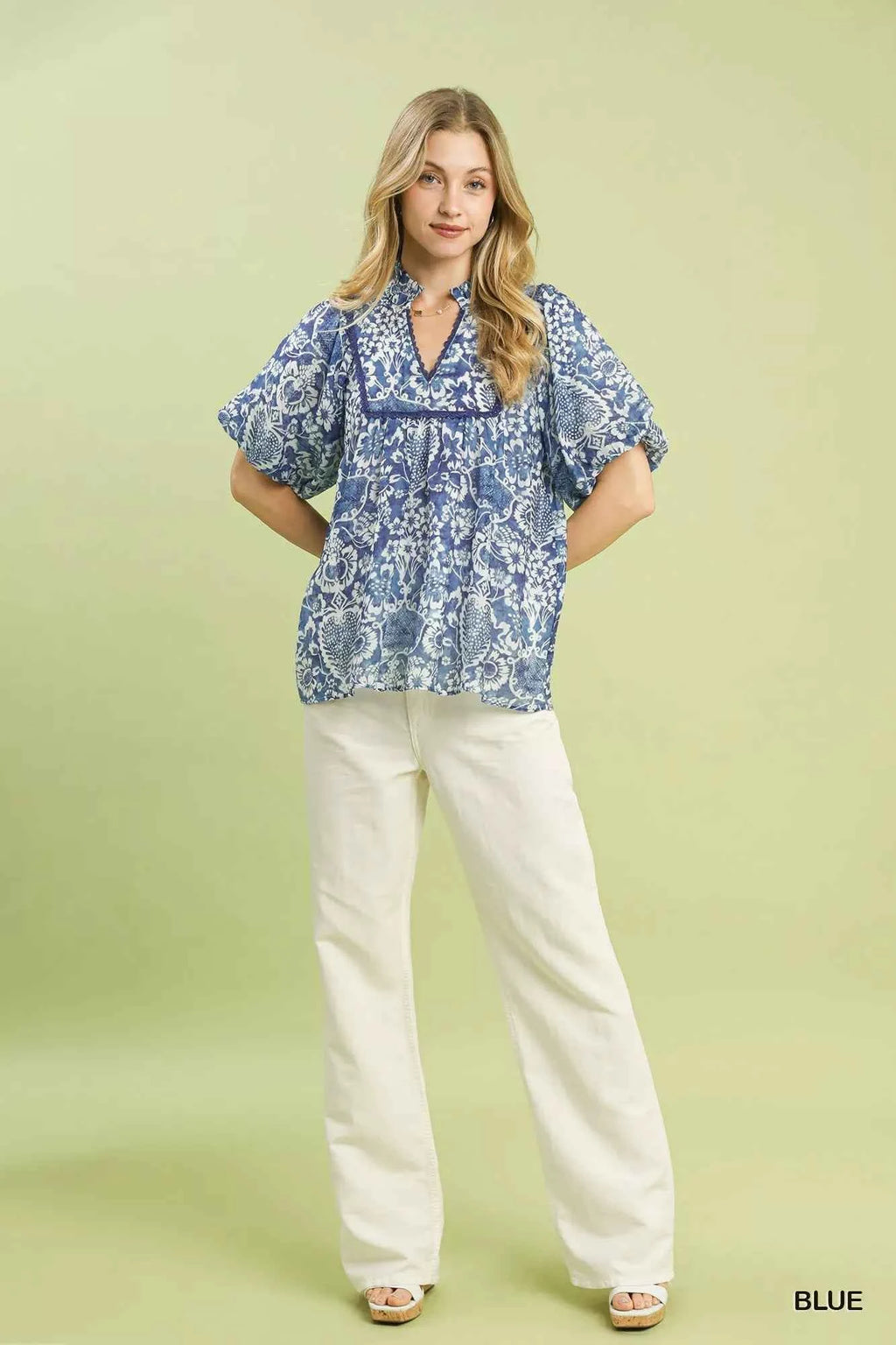 Umgee Blouse Blue Abstract Print Ruffled Puff Short Sleeve Top 51762546-3d14-415d-8f7d-6fdbf5f57c81-Max-Origin Trendsi