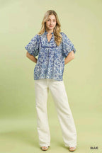 Umgee Blouse Blue Abstract Print Ruffled Puff Short Sleeve Top 51762546-3d14-415d-8f7d-6fdbf5f57c81-Max-Origin Trendsi
