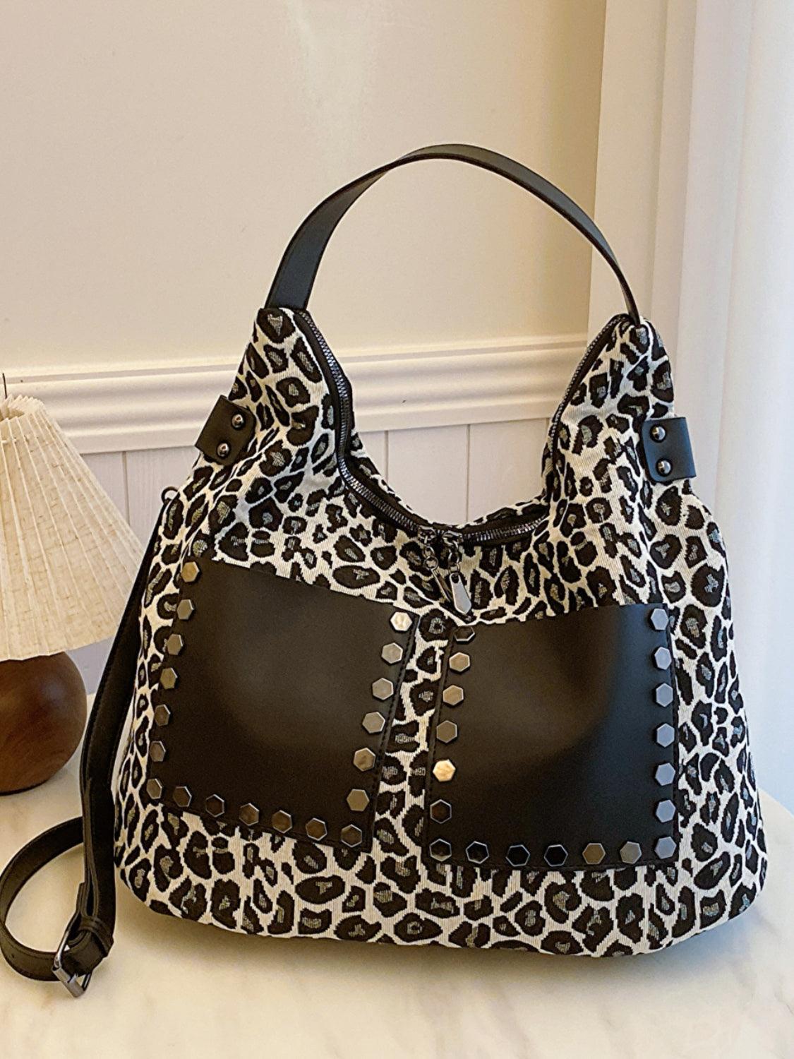 Leopard Polyester Large Shoulder Bag with Stud Beaded Leather Pockets