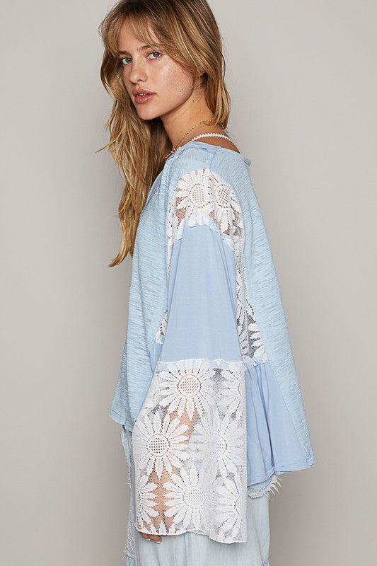 POL Blouse Powder Blue Floral Lace Detail V-Neck Flare Long Sleeve Top