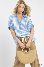 Umgee Womens Oversized Top Stripe Light Blue Collared Short Sleeve Blouse 5186c18b-eb88-4c41-afb5-e0b45237116c-Max-Origin Trendsi