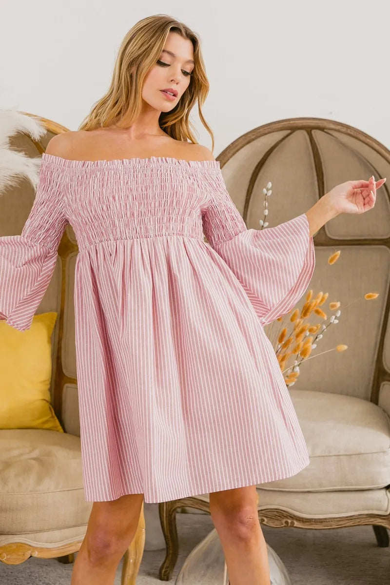 BiBi Striped Dress Blush Pink Smocked Off Shoulder Ruffled 5189c0f55ff744d6bca036450e8ab194-Max-Origin Trendsi