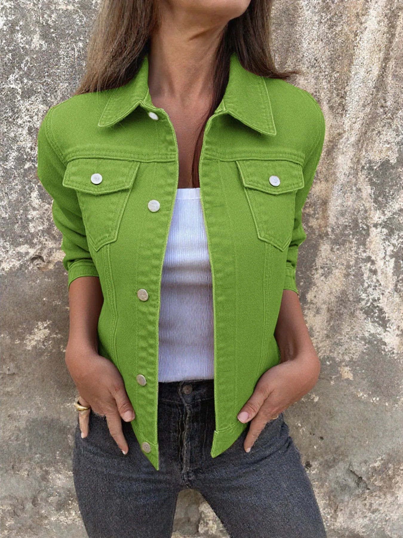 Women's Denim Jacket Short Button Front Long Sleeve with Pockets Green 51900b72cb1941feb81995b1220d1017-Max-Origin Trendsi