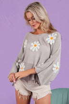 BiBi Knit Top Flower Embroidery Gray Loose Fit Lightweight Oversized GREY 51932fa8-341d-44a9-85d7-a129467d36ad-Max-Origin Trendsi