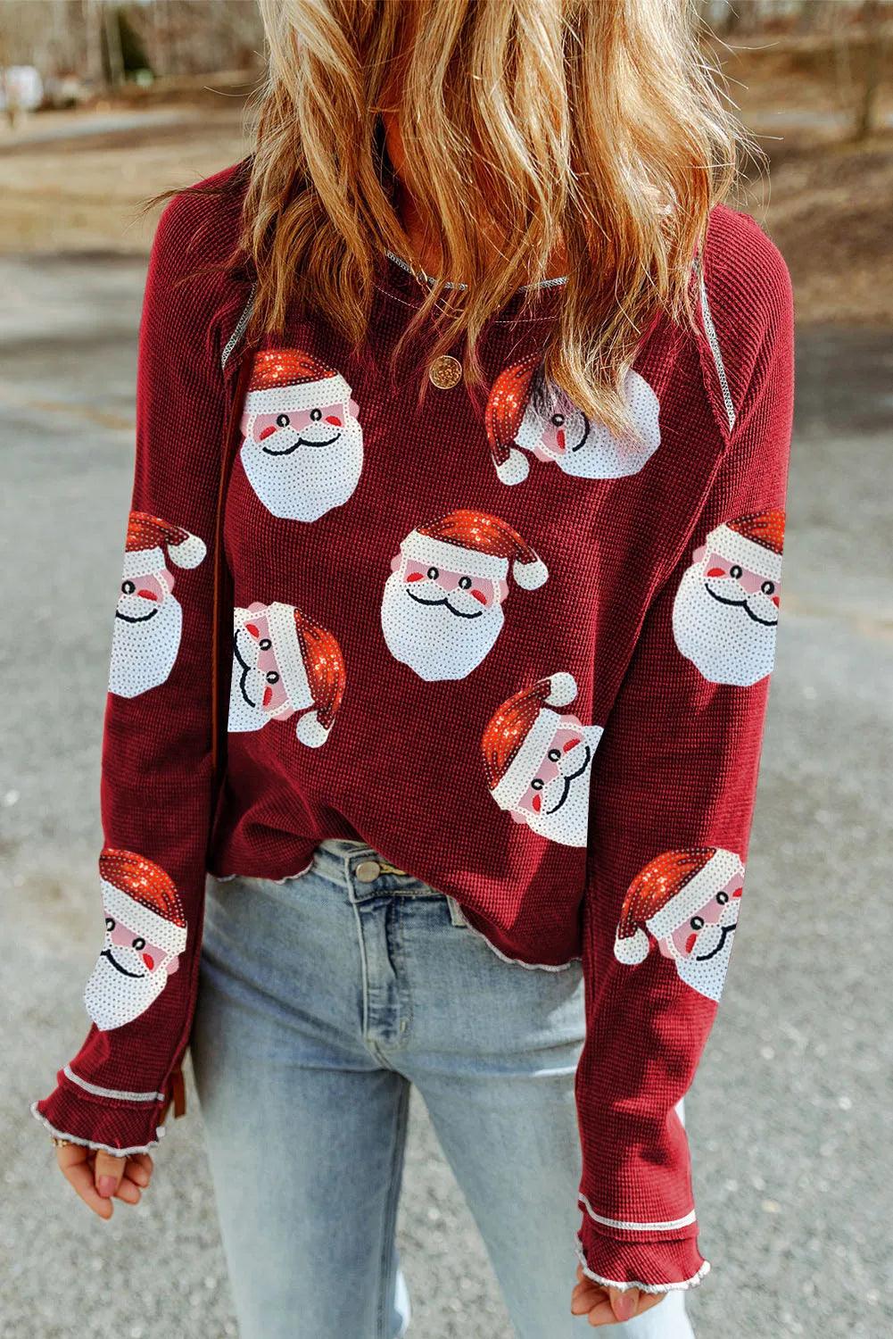 Sequin Santa Round Neck Long Sleeve Blouse Scarlet 519d7676-5567-4ef9-b955-c04ffb5a0023-Max Trendsi