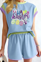 Outfit Set HAPPY EASTER Sequin Round Neck Top and Short Set Light Blue 51a9b244-2c02-47bd-bd91-1f651a4ad780-Max-Origin Trendsi