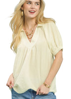 Umgee Textured Short Sleeve Top with Elastic Cuffs and Delicate Trim Details