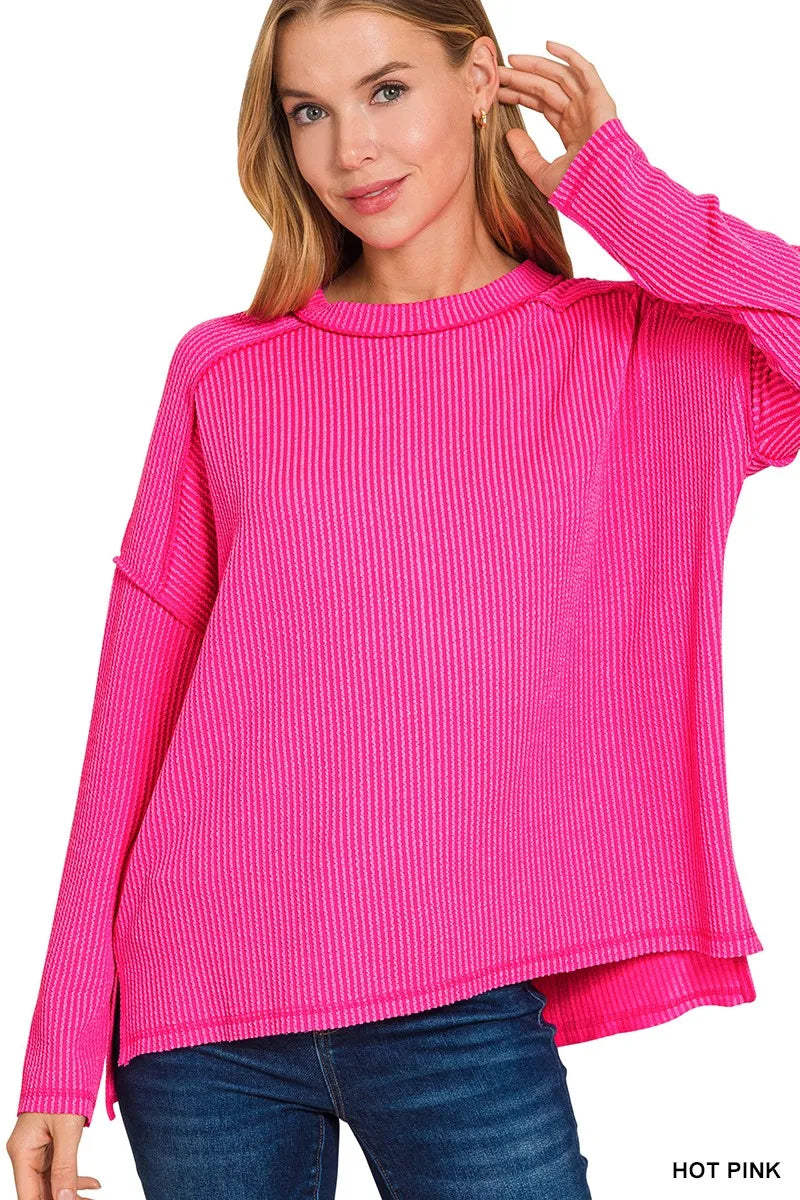 Zenana Corded Rib Knit Top Hot Pink Exposed Seam Long Sleeve Oversized