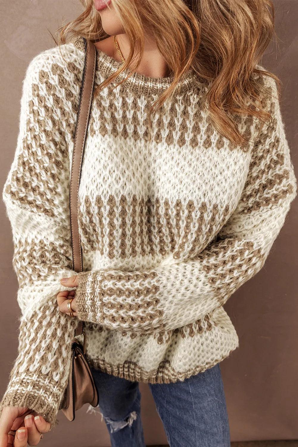 Striped Sweater Round Neck Dropped Shoulder Long Sleeve Knitwear 51b4baa1-110e-419b-bc70-c0d6ba9b18e8-Max Trendsi