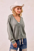 BiBi Womens Cardigan Cotton Washed Sweater Olive V Neck Basic Style 51b850cd6cfb4fe29990f74f5caf84b9-Max-Origin Trendsi