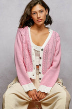 POL Womens Cable-Knit Cardigan Pink with Contrast Border Accents Buttoned 51b9675c-c71a-451f-ad65-ac3df89e720c-Max-Origin Trendsi