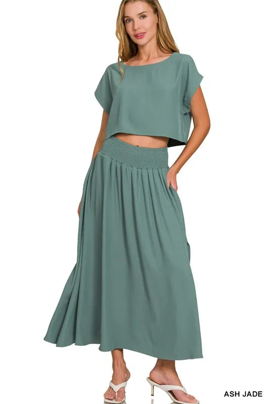 Zenana Crop Tee and Pleated Skirt Set Woven Crinkle Gauze Ash Jade Two-piece ASH JADE 51bec2fdc31242fea7b79e74243026a6-Max-Origin Trendsi