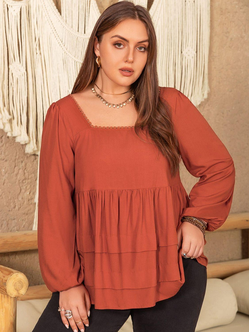 Plus Size Blouse Lace Detail Square Neck Long Sleeve Tops Terracotta 51c192f1-cac4-4cd1-81a8-02ae26f7498a-Max Trendsi