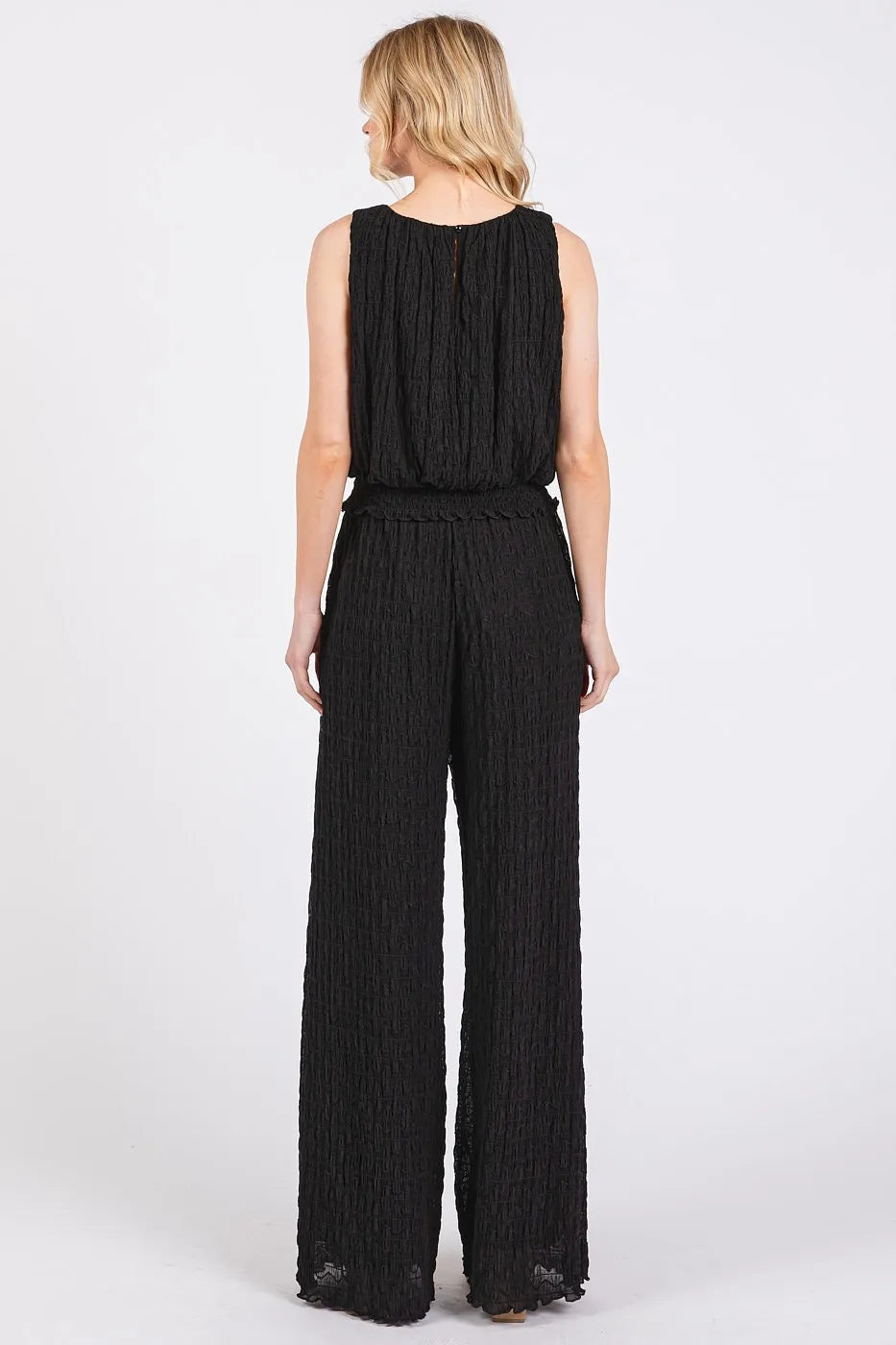 Mittoshop Crop Tank and Pants Set Black Textured Stretchy Ruched Outfit Set 51c19c693a4e4580b50140e231954c9f-Max-Origin Trendsi