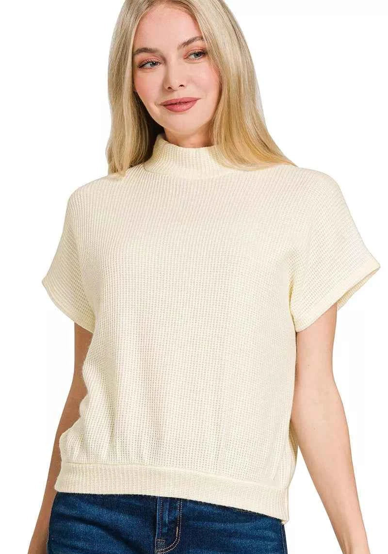 Zenana Mock Neck Sweater Top Cream Waffle-Knit Short Sleeve CREAM 51c5eb843ae346b8b88e56051321154c-Max-Origin Trendsi